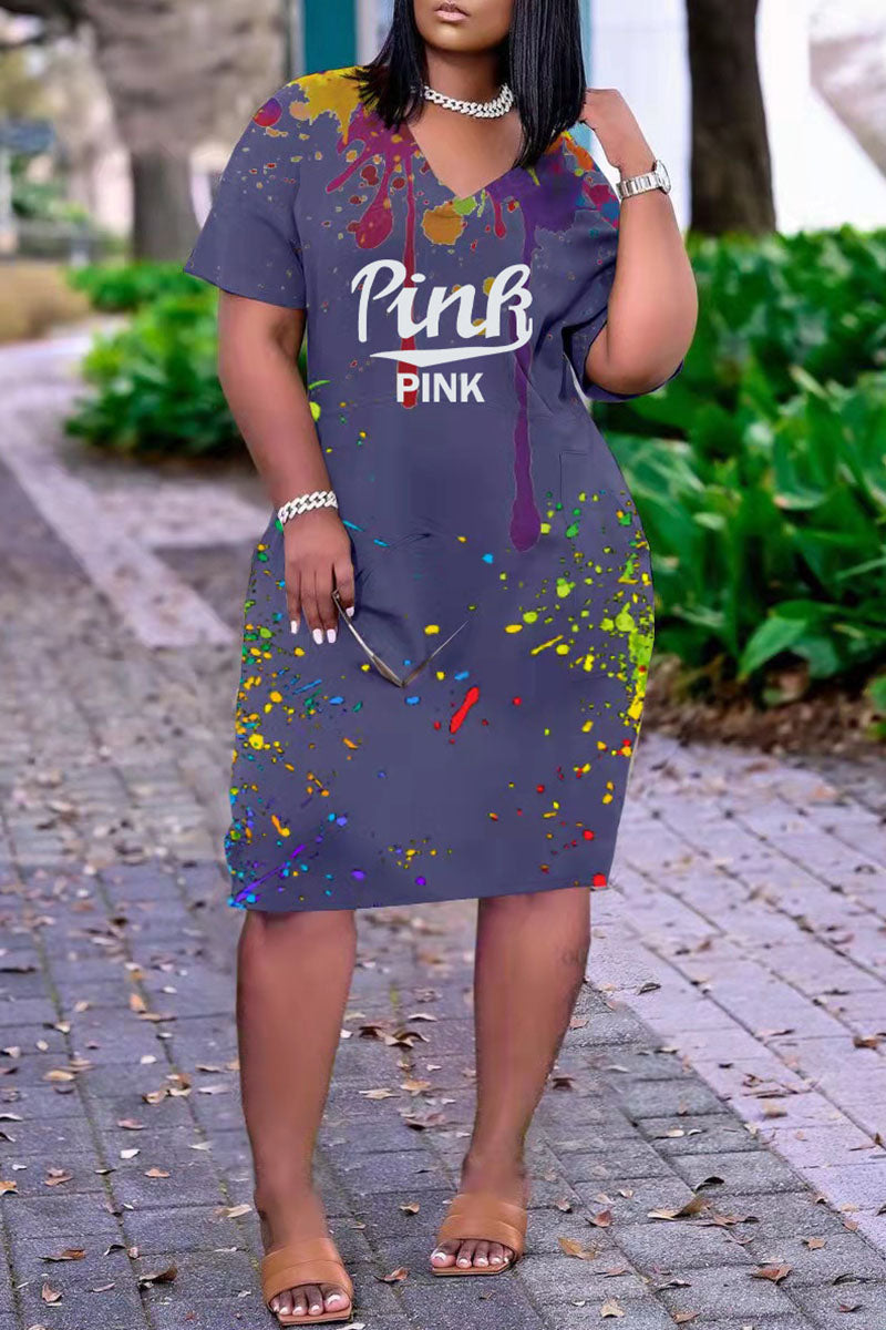 Plus Size Casual Splash Ink Letter Print V Neck Midi Dresses