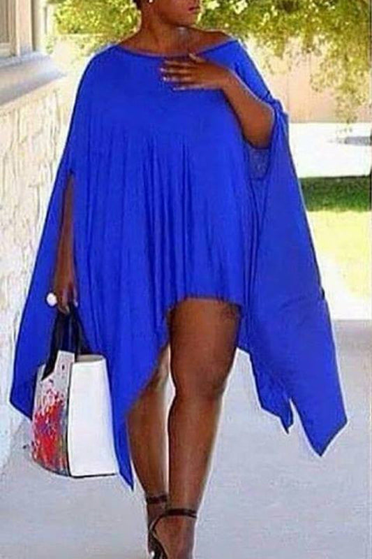 Plus Size Blue O Neck Loose Asymmetrical Hemline Mini Dress