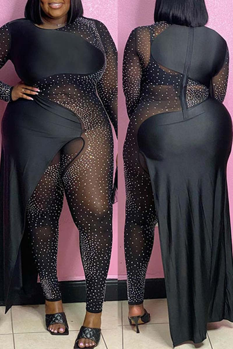 Plus Size Party Patchwork See-through Rhinestone O Neck Jumpsuit