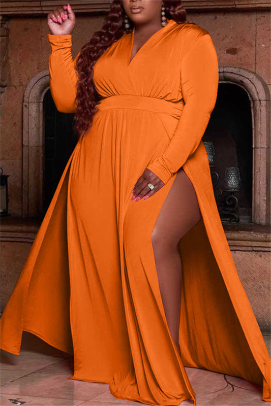 Plus Size Casual Solid Split Joint V Neck Straight Maxi Dresses