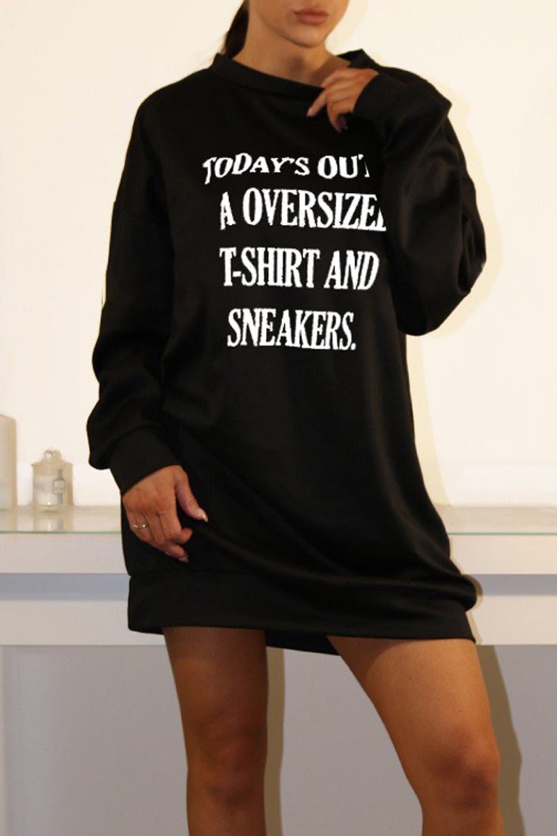 Plus Size Fashion Letter Printed Pullover Crew Neck Sweatshirt Dress