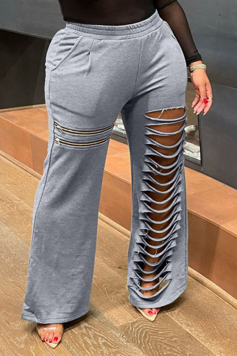 Plus Size Casual Street Sporty Solid Zipper Ripped Flare Pants