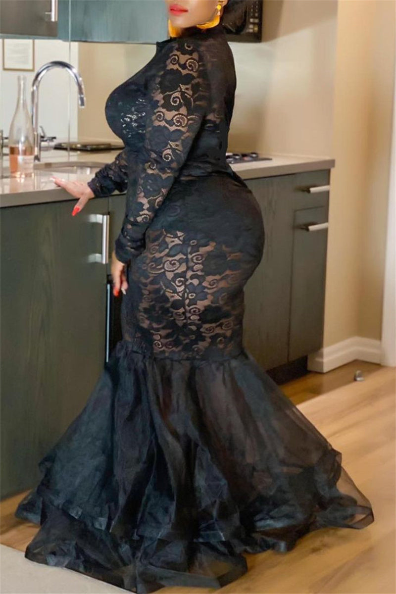 Plus Size Little Black Long Sleeve See-through Hollow out Dress