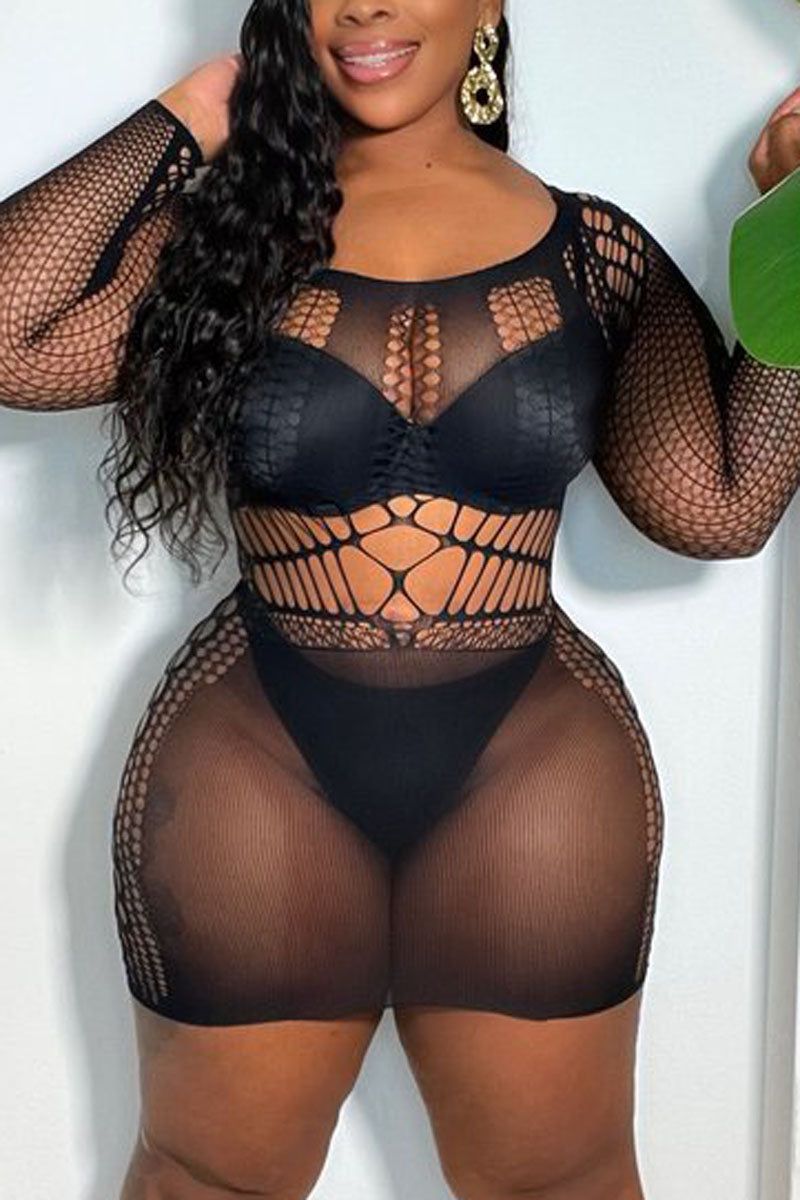 Plus Size Sexy See Through Hollow Out Mini Dress