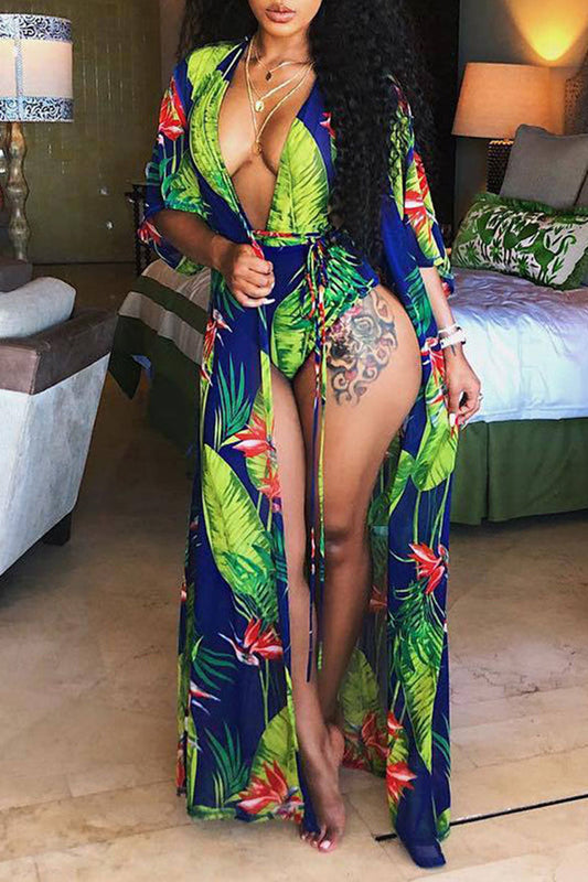 Plus Size Casual Tropical Print Two Pieces Swimsuit Cover Up Set