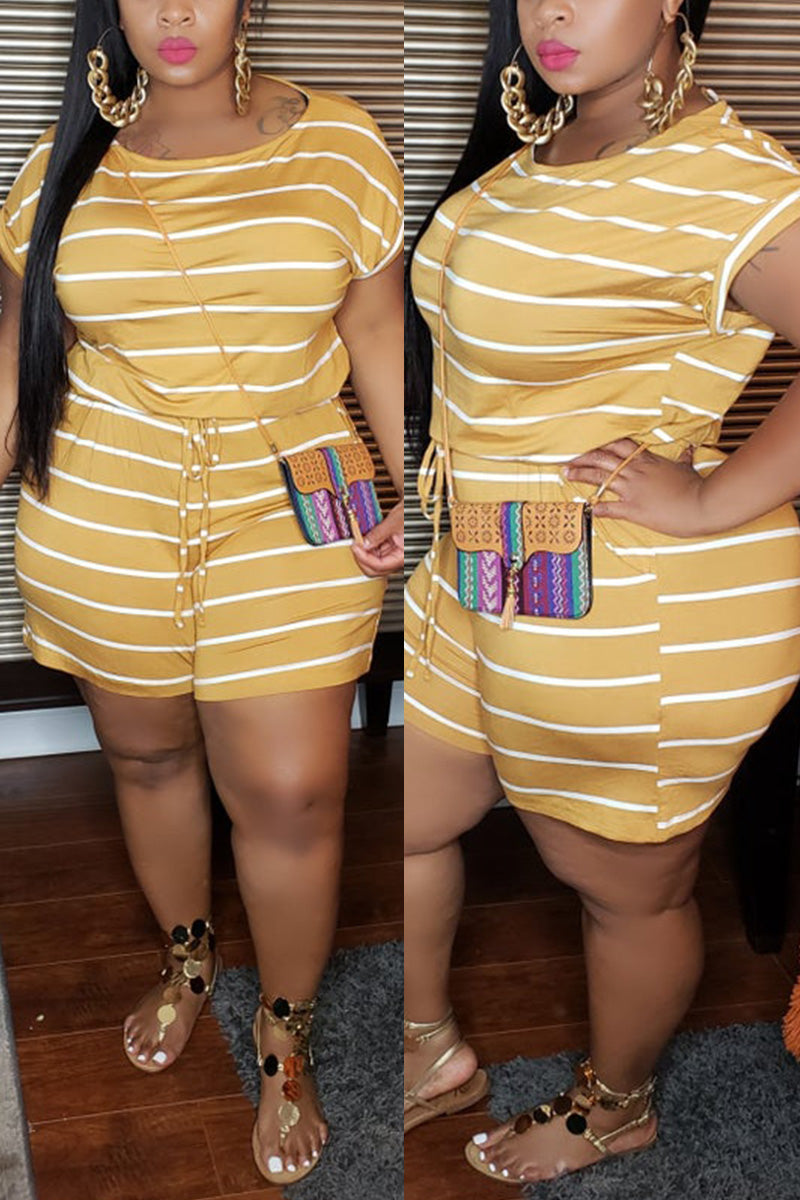 Plus Size Casual Striped Short Sleeve Romper