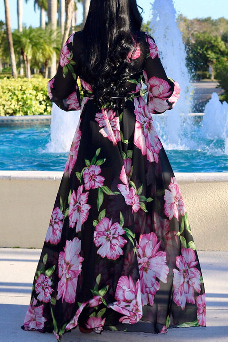 Plus Size Casual Floral Print Floor Length Maxi Dresses