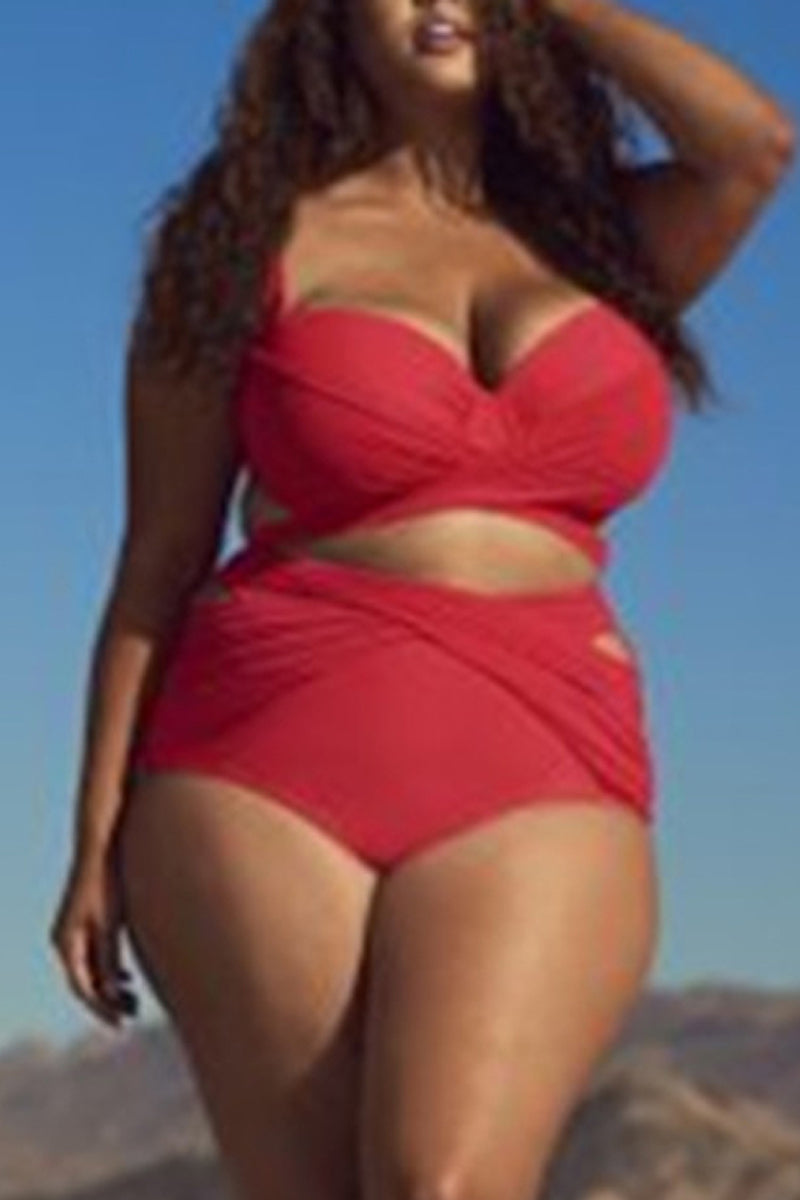 Plus Size Solid High Waist Wrap Pleated Two Pieces Bikini Swimsuit Set