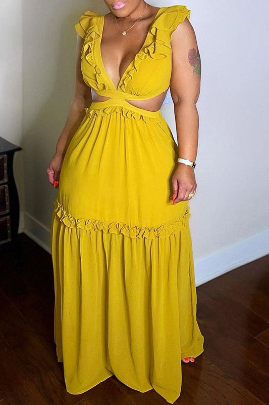 Plus Size Yellow Ruffle Backless Lace Up Maxi Dress