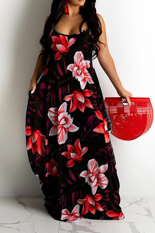 Plus Size Casual Cami Sleeveless Flower Print Maxi Dress