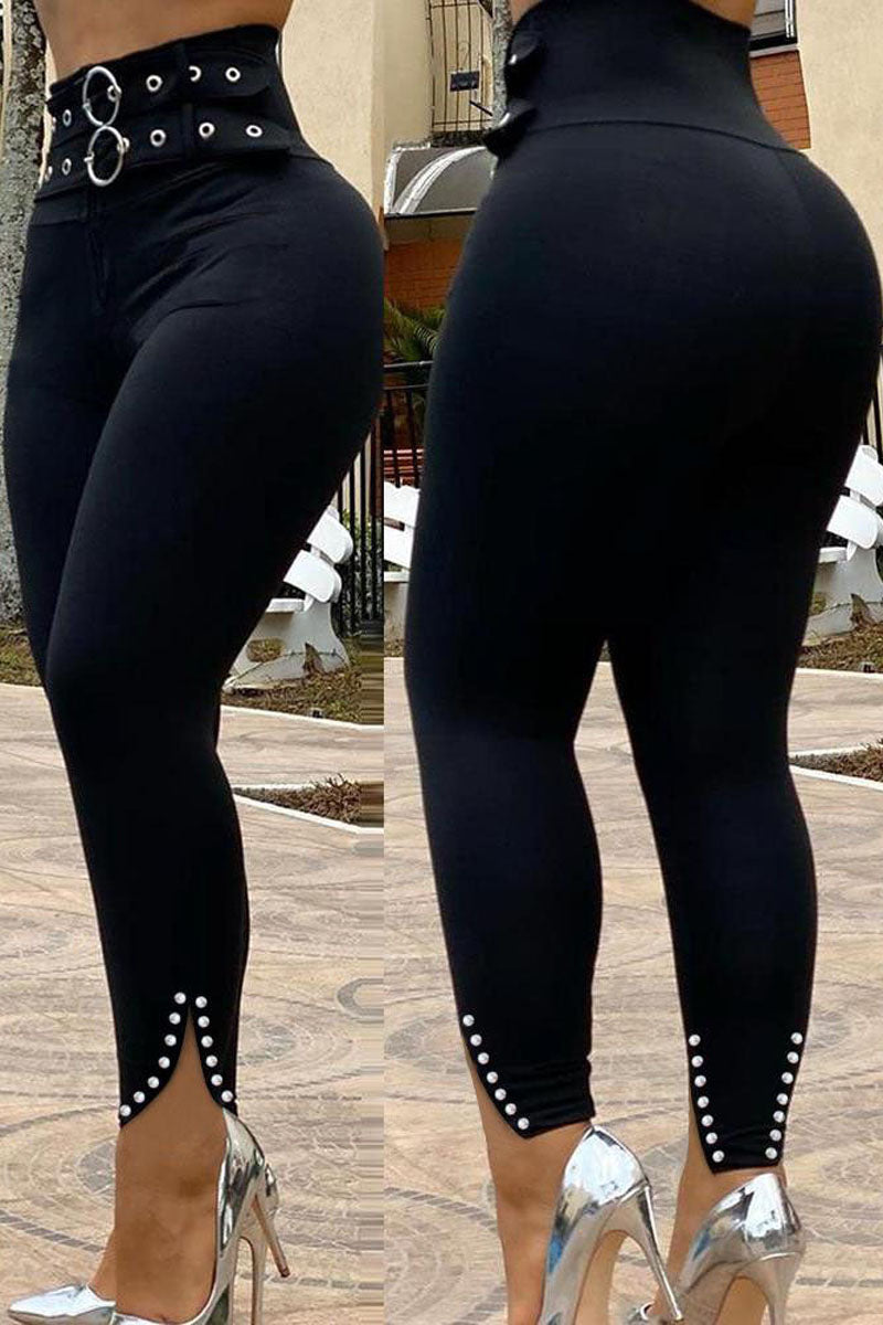 Plus Size Casual Split Beaded Eyelet High Waist Leggings