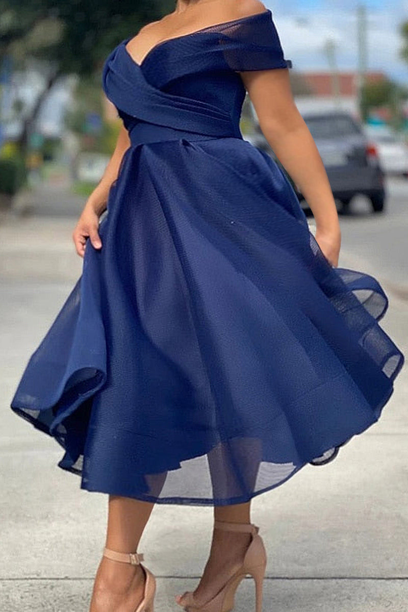 [Pre-Sale] Plus Size Solid Elegant Off The Shoulder A Line Tulle Midi Dresses