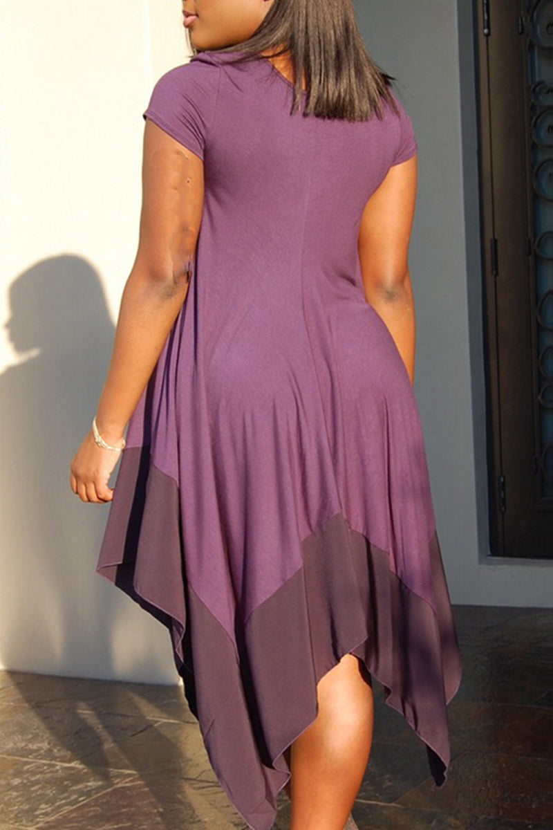 Plus Size Casual Purple Asymmetrical Hem Short Sleeve Midi Dresses