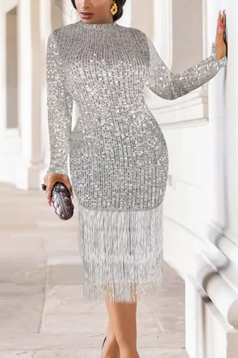 Plus Size Sequin Fringe Long Sleeve Little Black Midi Dress