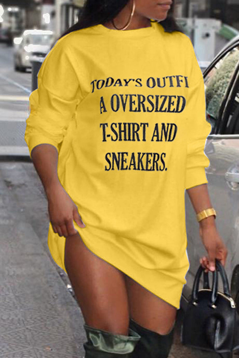Plus Size Fashion Letter Printed Pullover Crew Neck Sweatshirt Dress