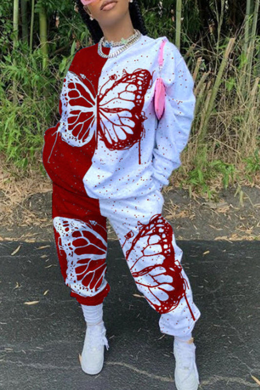 Plus Size Casual Butterfly Print Split Joint O Neck Long Sleeve Two Pieces Set