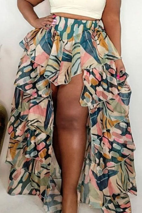Plus Size Boho Beach Vacation Printed Ruffle Flare Long Skirt