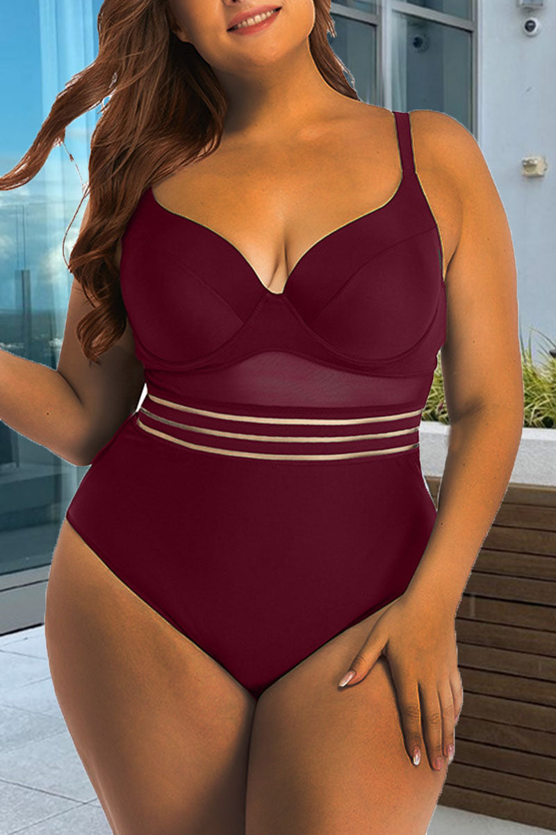 Plus Size Solid Mesh Stitching Back Cut Out One Piece Swimsuit