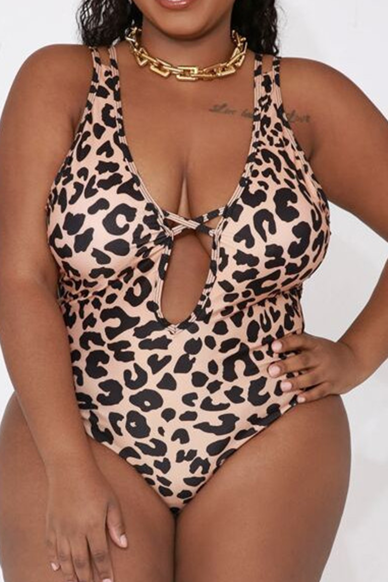 Plus Size Leopard Print Hollowed Out Split Joint Spaghetti Strap Swimwear