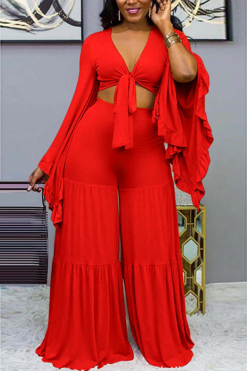 [Pre-Sale] Plus Size Vacation Casual Lace Up Ruffle Trumpet Sleeves Wide Leg Two Pieces Set