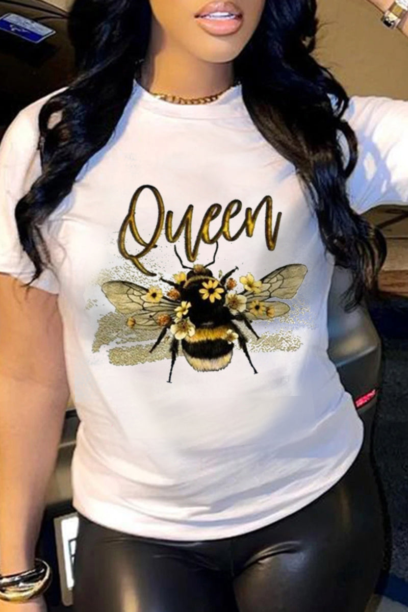 Plus Size Bee Queen Print Round Neck Short Sleeve T Shirt