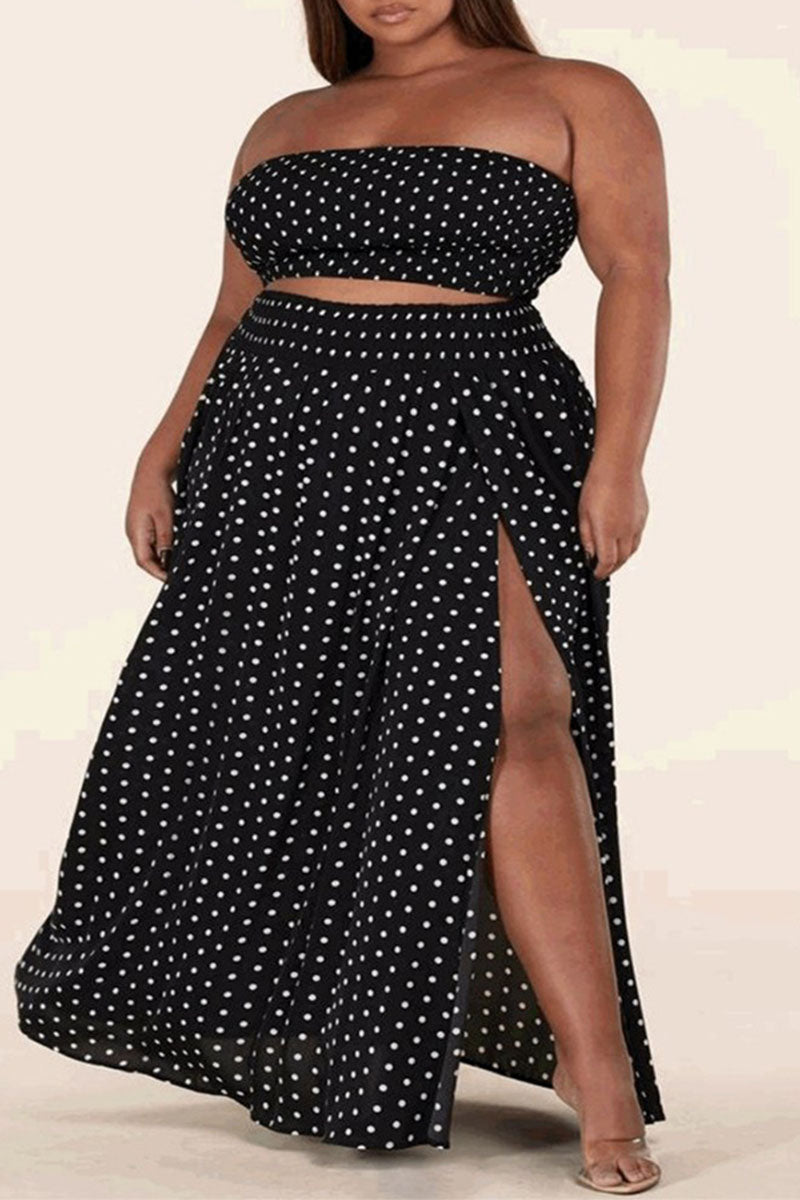 Plus Size Yellow Polka Dot Split Joint Strapless Beach Two Pieces Dress Set