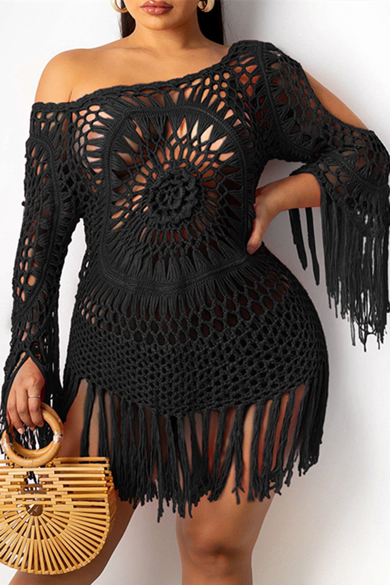 Plus Size Hand Made Little Black Long Sleeve Sexy Crochet Tassel Cover Up Dress