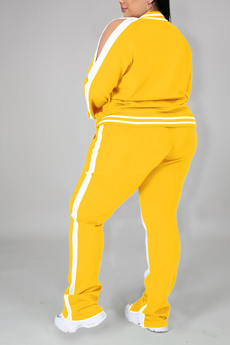 Plus Size Cold Shoulder Striped Top Slit Sweatpants Jogger Outfit Matching Set