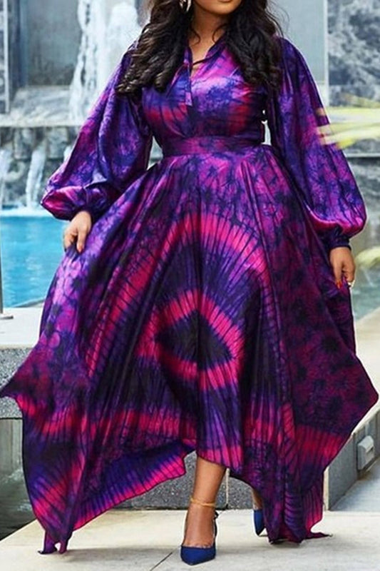 Plus Size Casual Printed Puff Sleeve Asymmetrical Maxi Dress