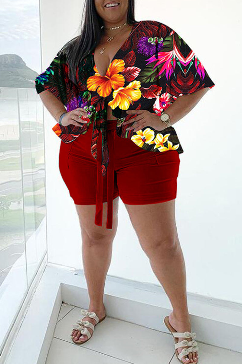 Plus Size Casual Floral Print V Neck Summer Two Pieces Shorts Set