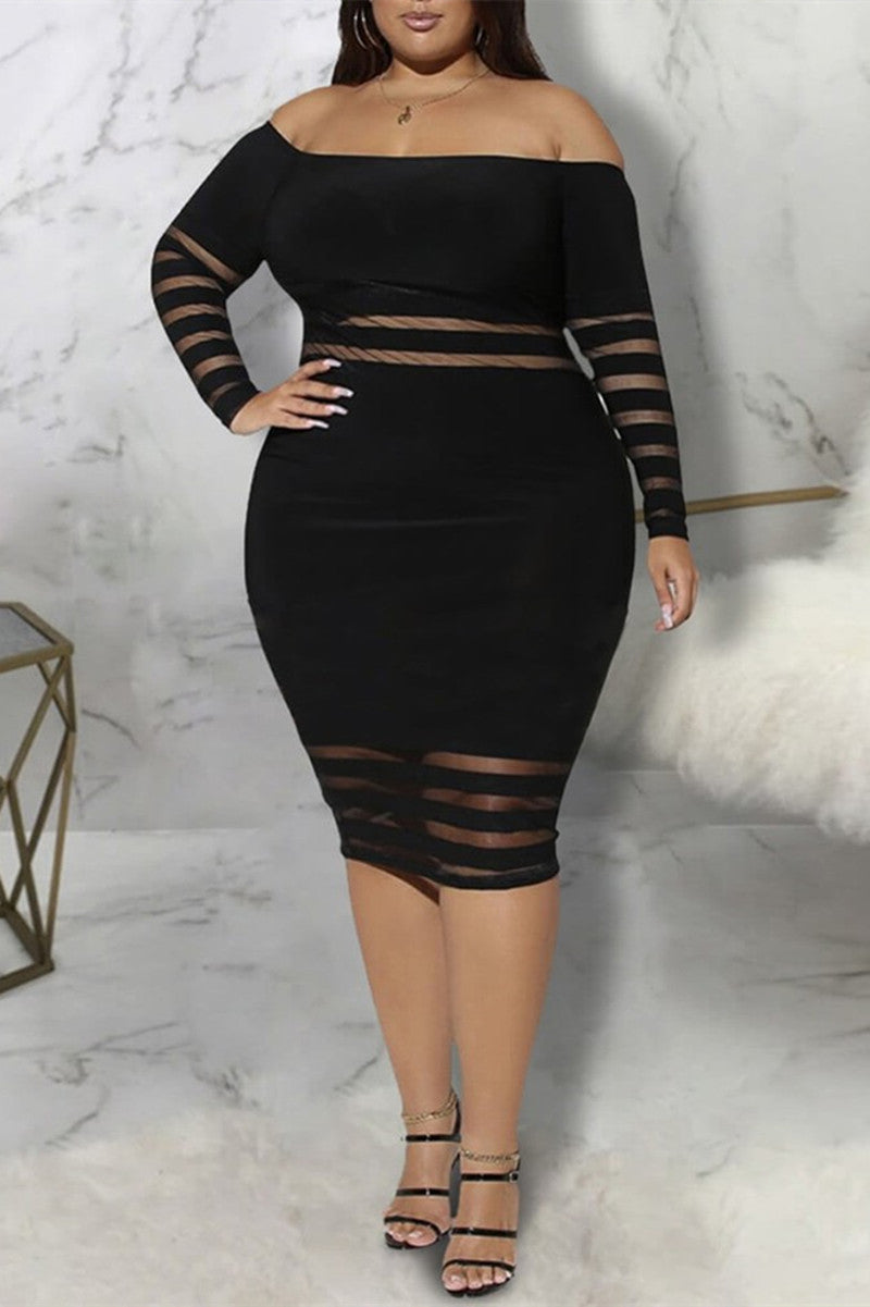 Plus Size Off Shoulder Sheer Mesh Bodycon Dress