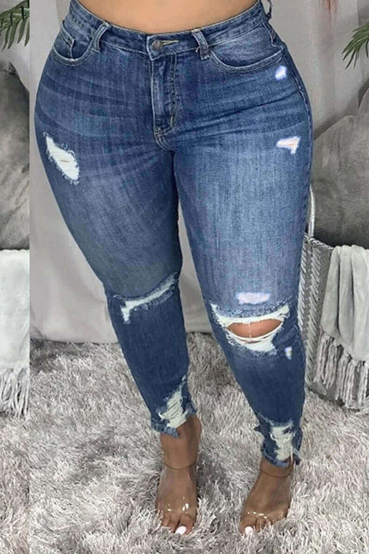 Plus Size Casual High Waist Ripped Jeans