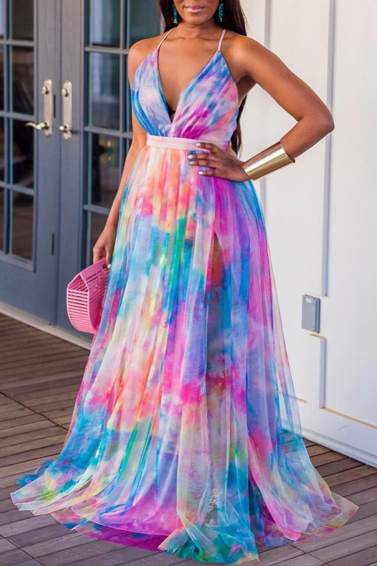 Plus Size Tulle Dresses Sling V-neck Print Dress