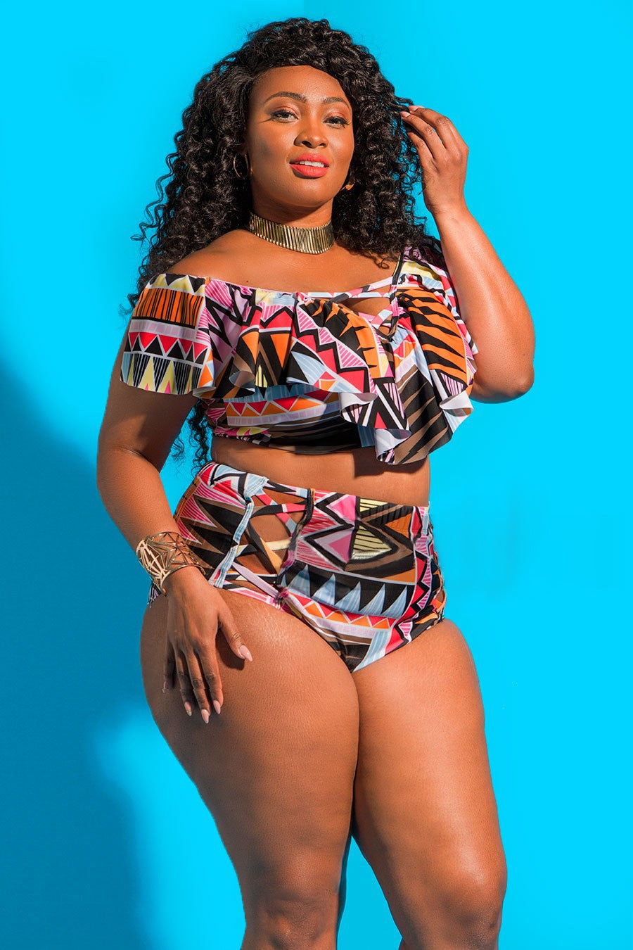 Plus Size Printed Black High Waist Swimsuit