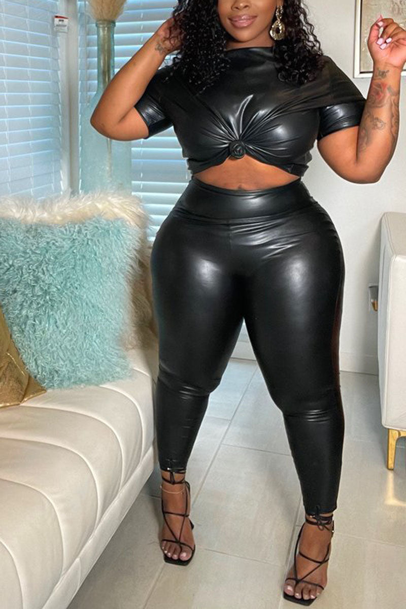 Plus Size PU Leather Long Sleeve Solid Leggings Pants Two Pieces Set