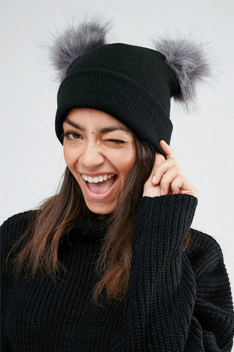 Women's Winter Double Ball Knitted Woolen Hat