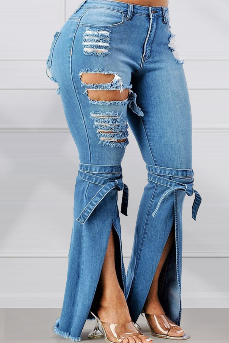 Plus Size Plain Denim Jeans Drawstring