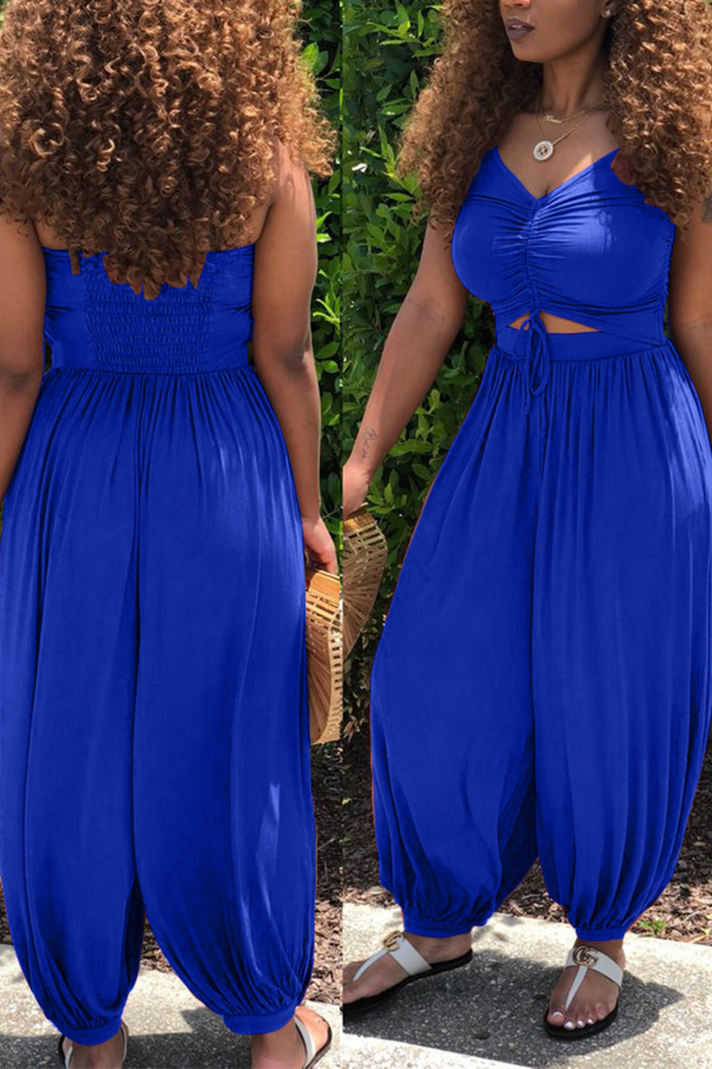 Plus Size Casual Halter Solid Sleeveless Drawstring Jumpsuit