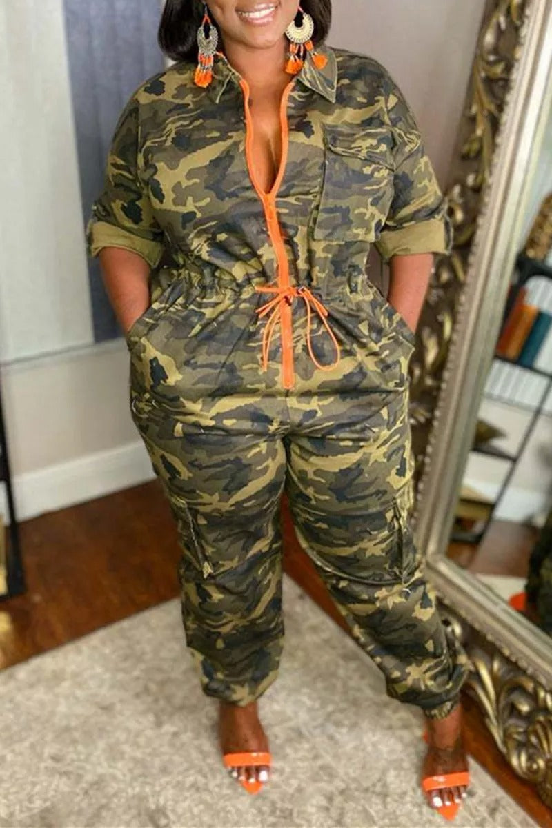 Plus Size Camouflage Print Bandage Zipper Collar Regular Jumpsuits