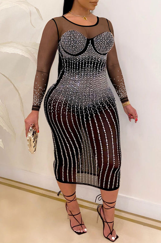 Plus Size Sequin Midi Dresses Sexy Patchwork Hot Drilling See-through O Neck Long Sleeve