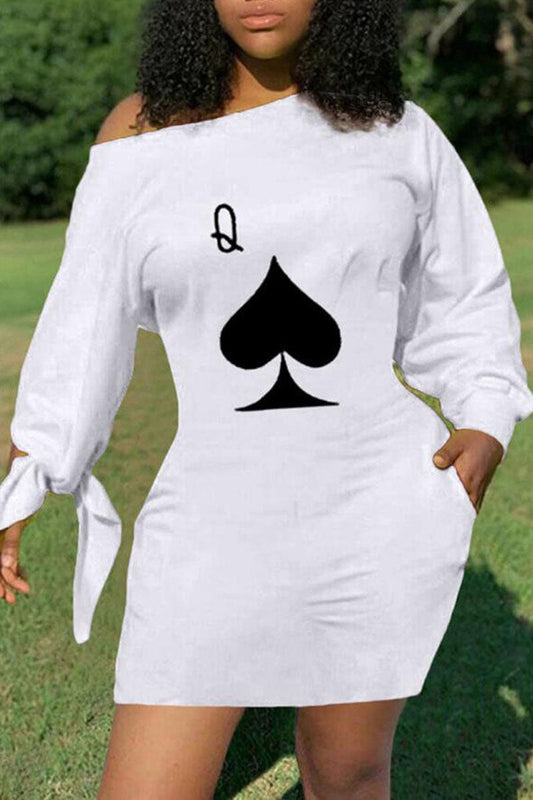 Plus Size Casual Poker Queen Print Oblique Collar Mini Dresses