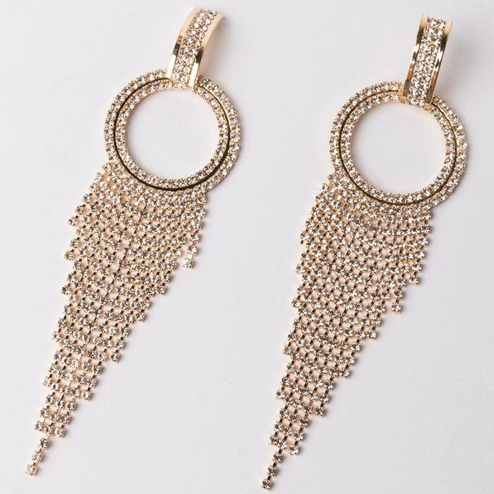 Round Long Fringe Rhinestone Earring (One Piece)