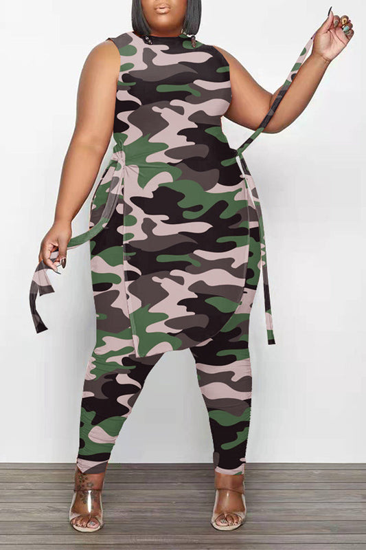 Plus Size Camouflage Print Sleeveless Skinny Pant Two Piece Set