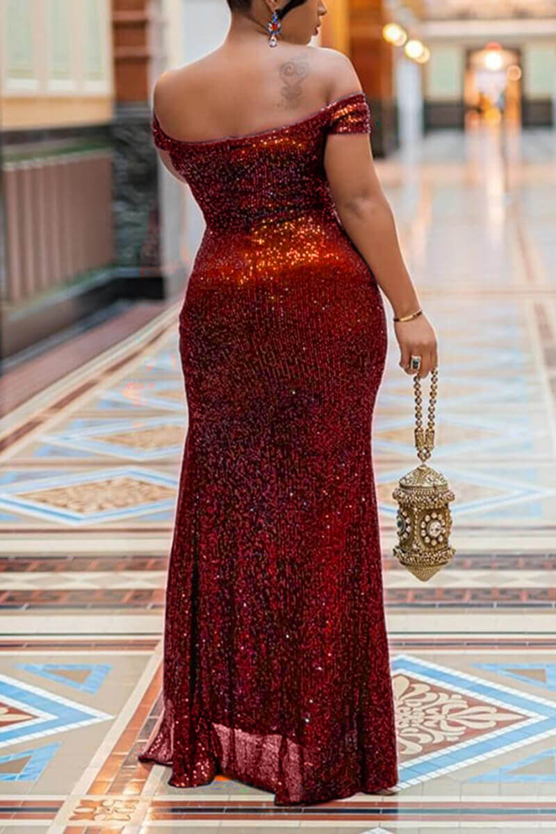 Plus Size Celebrities Solid Split Joint Off The Shoulder Sequin Maxi Dresses