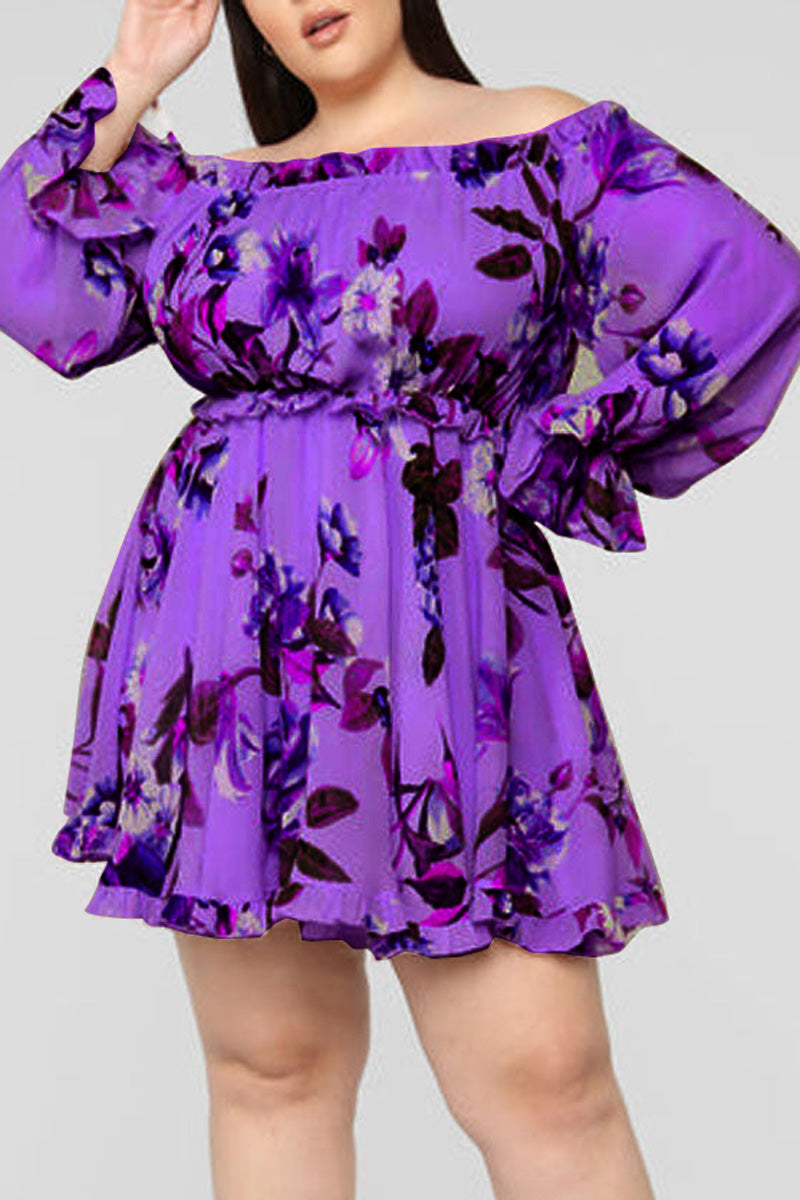 Plus Size Casual Off The Shoulder Floral Print A Line Mini Dresses