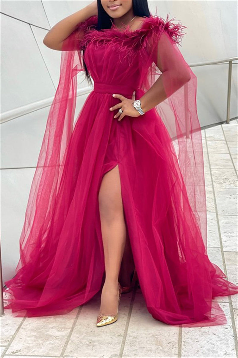 Plus Size Feather Collor Tulle Split Joint  Solid Maxi Dress