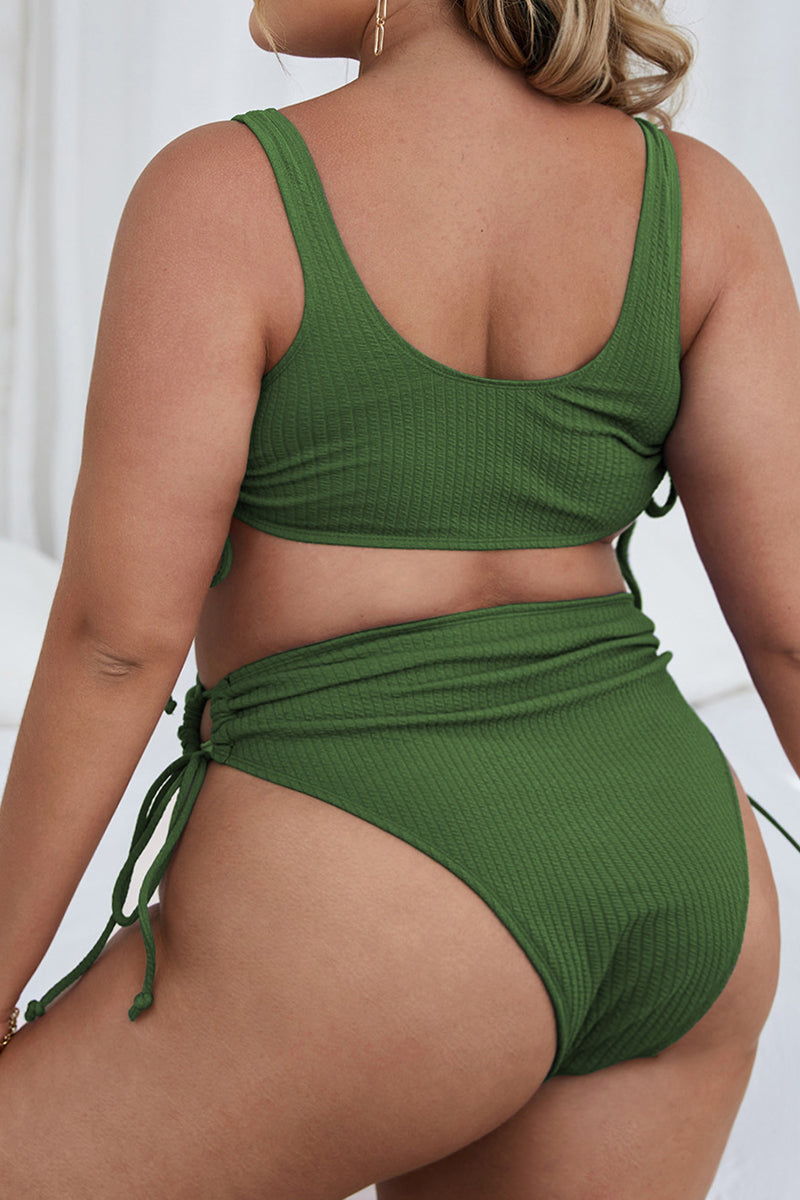 Plus Size Solid Lace Up Two Pieces Set Swimsuit