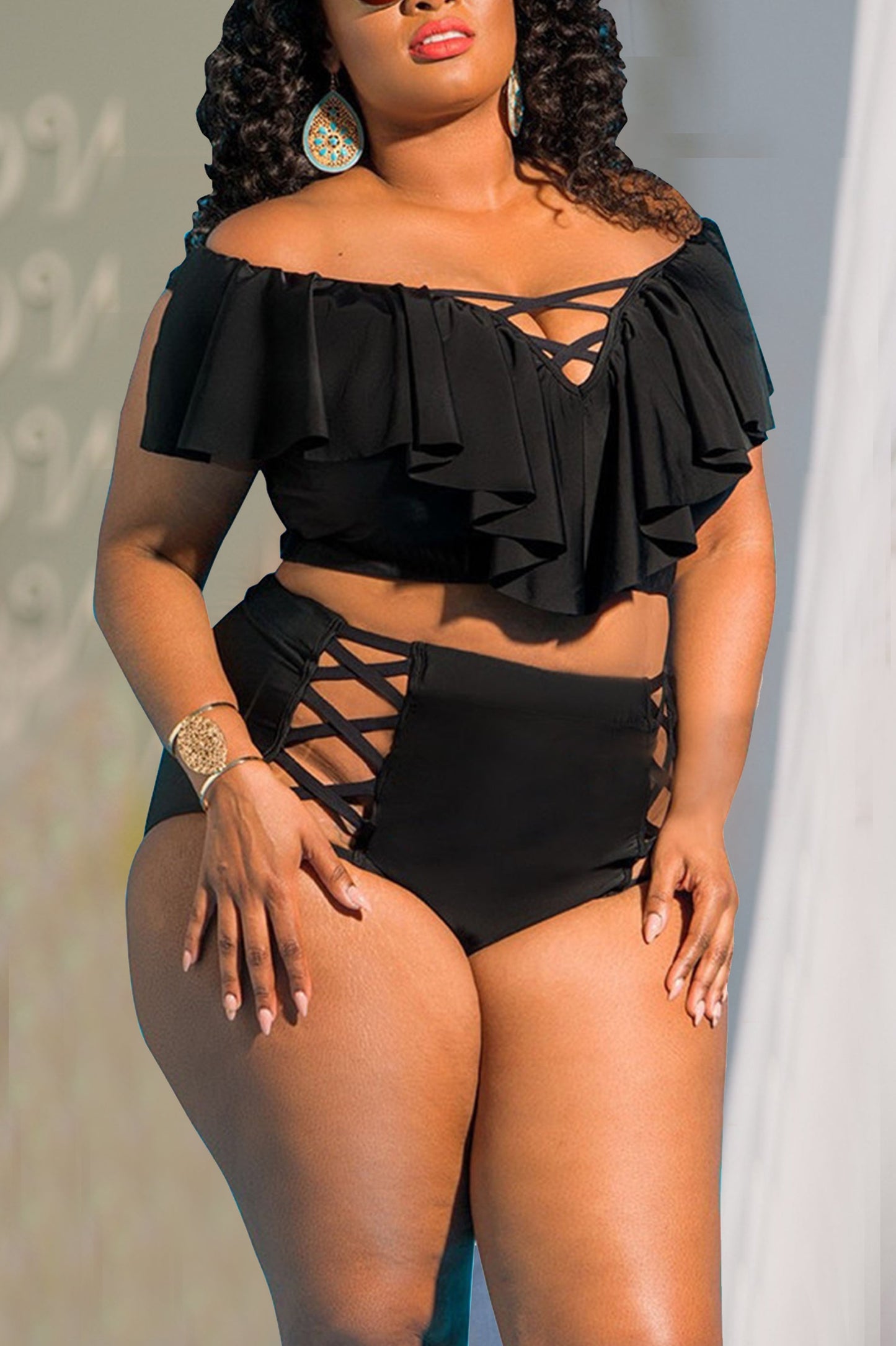 Plus Size Printed Black High Waist Swimsuit