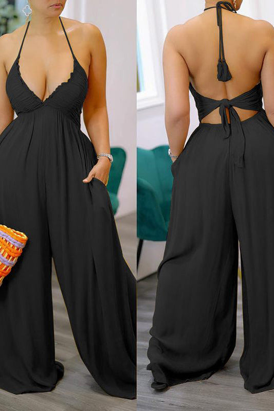[Pre-Sale] Plus Size Casual Solid Backless Lace Up Halter Wide Legs Jumpsuit