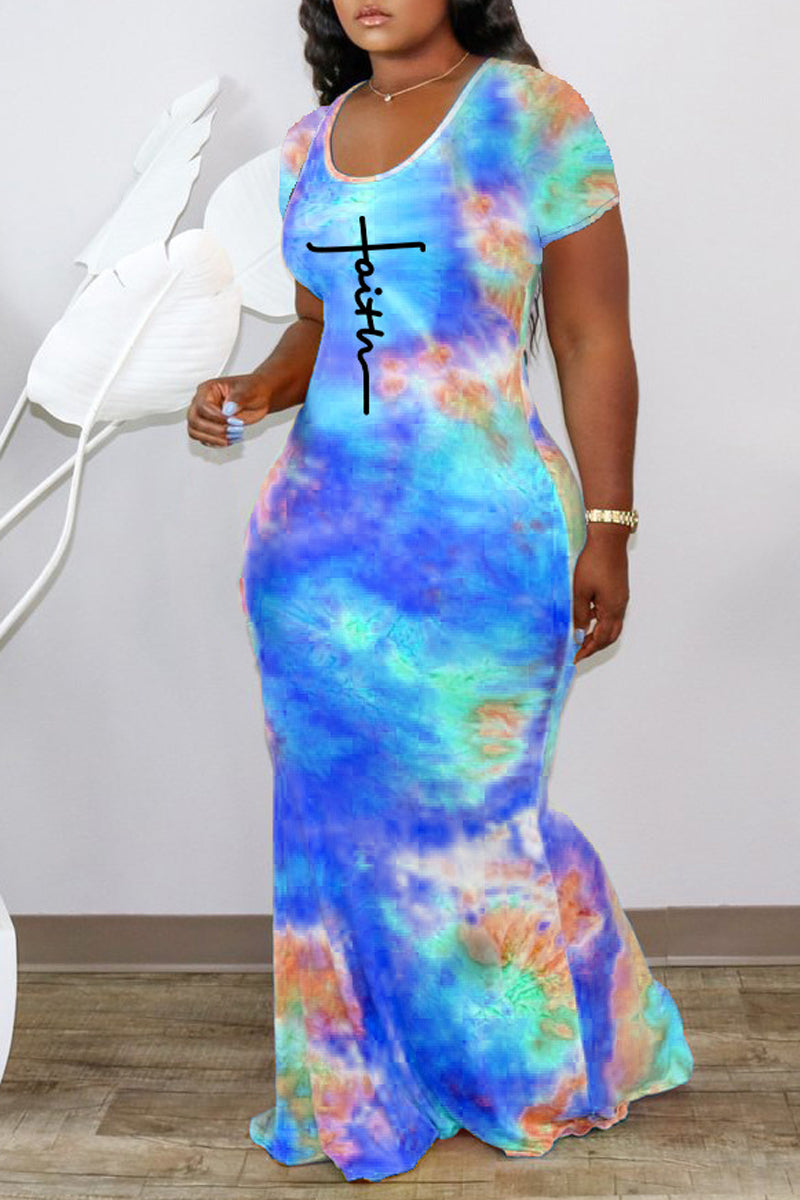 Plus Size Casual Letter Print Tie Dye Short Sleeve Maxi Dresses